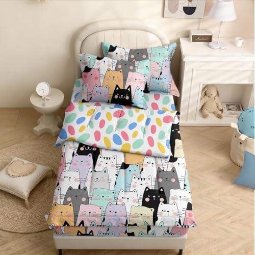 Image of Kids Comforter Set,Zipper Bedding Twin for Girls,Cats Printed Comforter Set with Color Spots Fitted Sheets and Pillowcases for All Season(Cat)