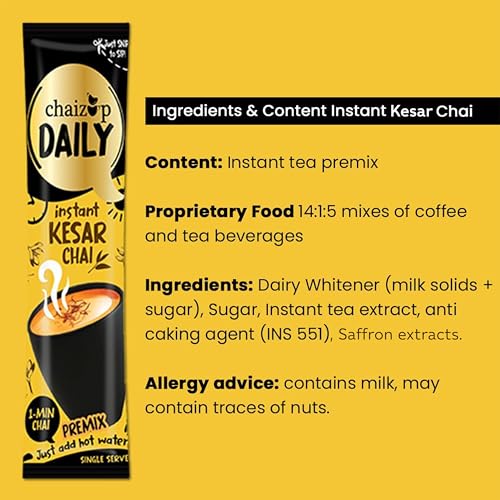 Image of Chaizup Daily 1 Min Instant Assorted Tea Pack - 40 Sachets | Masala & Kesar Flavours | 40 Servings | 2 Packs (20 Sachets Each) | 560gm