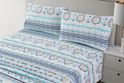 Image of JSD Vintage Blue Boho Floral Printed Sheet Set Cal King Deep Pocket | 4 Piece Soft Botanical Microfiber Sheets, OEKO-TEX Certified, Easy Care