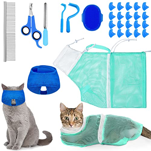 Image of 9 Pcs Cat Bathing Bag Set Cat Shower Bag Anti Bite and Scratch for Pet Grooming Washing Brush Comb Muzzle Nail Clipper Nail File Tick Tool(Blue, Turquoise)