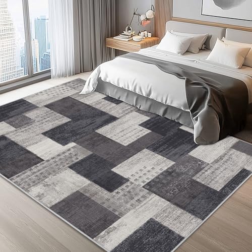Calinline Moderne Geometrische Patchwork Indoor Wohnzimmer Teppich, Anthrazit 140x200 cm Große Teppiche Rockwood Sammlung Böden Dekor für Schlafzimmer, Grau Weich Kurzflor Waschbar Teppich Gegend