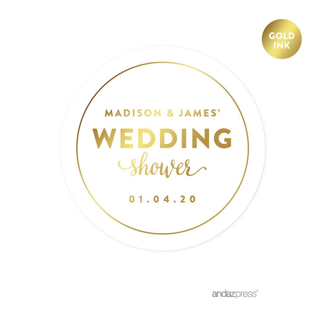 Andaz Press Personalized Round Circle Wedding Favor Gift Labels Stickers, Metallic Gold Ink, Wedding Shower, 40-Pack, Custom Made Any Name