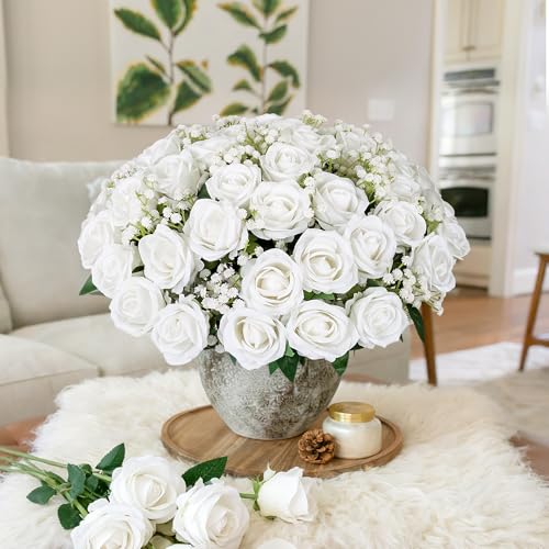 Image of HyeFlora 35 PCS Artificial White Roses with 15 PCS Fake Baby Breath Realistic Fake Flowers Bouquet with Stem for DIY Wedding Party Home Decoration Vase Tables Centerpieces Arrangements Gift for Her