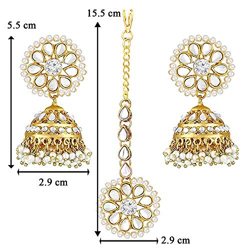 Aheli Kundan Pearl Jhumki Earrings with Maang Tikka Indian Traditional Bollywood Fashion Jewelry Set Gift for Women4