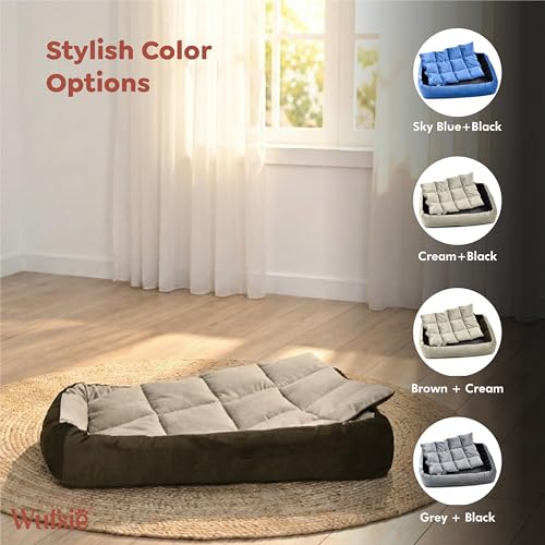 Image of Reversible Rectangle Dog Bed | Medium 60 X 75 Cm Pet Bed for Dogs and Cats | Premium Velvet, Washable Fabric | Soft Sofa-Style Bed for Dog with Thick 15 Cm Insert | Brown & Cream