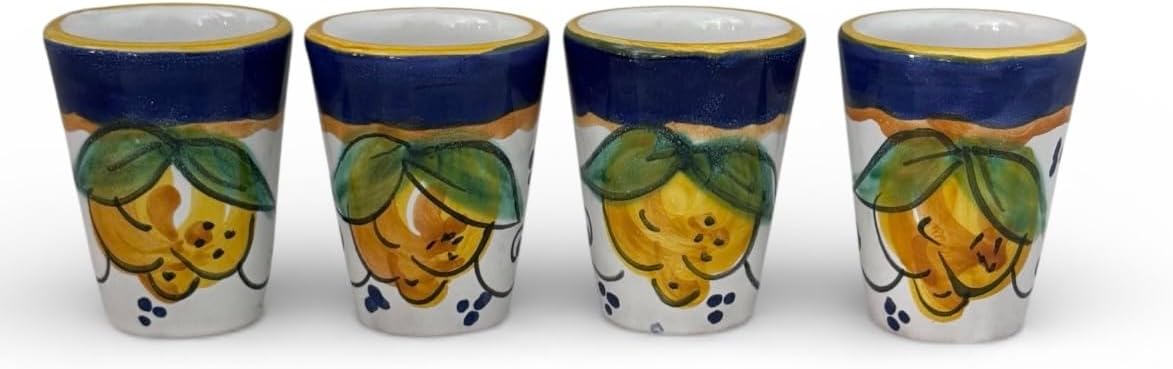 Hand Painted Italian Ceramic Limoncello Glasses - Set of 4 Lemon Shot Cups, Artisan Cordial Glasses, Made in Italy