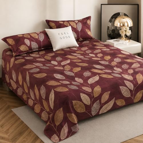 Image of Cotton Feel King Size Flat Bedsheet for Double Bed (90 x 100 Inches | 230 x 250 cm) with 2 Pillow Covers | Soft & Smooth Printed Bedsheet for Daily Use (Wine New, King Bed-90x100)