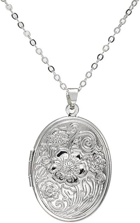 Locket Picture Pendant Heart Necklace,Retro Carved Flower Relief Pattern Oval Center Necklace Souvenir Memorial Clavicle Jewelry for Women