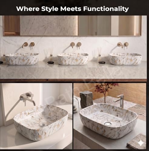 Image of Designer Ceramic Wash Basin For Bathroom | Over Counter Bathroom Basin | Counter Top Bathroom Sink | Wash Basin For Restaurant, Hotel (18 x13 x 5 Inch) (White Gold Sport)