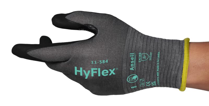Ansell HyFlex 11-584 Gants Anti-Coupures, Enduction Nitrile Résistante à l'Abrasion, Gants de Travail Professionnels Haute Protection, Homme Femme, Gris, Taille L (12 Paires)