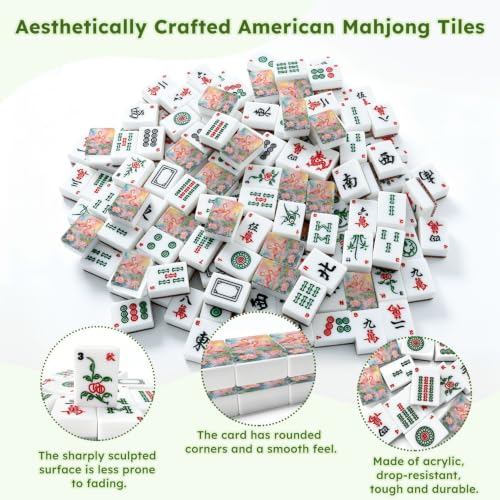 VETEB American Mahjong Tile Set Pink Among Lotus Flowers Vibrant Watercolor Art 166 Acrylic Mahjong Tiles 1.4" Large Mahjong Game Set with Bag and Accessories for Gift Travel Party - Image 6