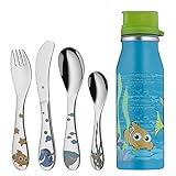 Inhalt: 1x Kinder Besteckset 4-teilig (L 16,5/18,5/16,5/13,0 cm), 1x Trinkflasche (V 600ml) - Artikelnummer: 1281859980