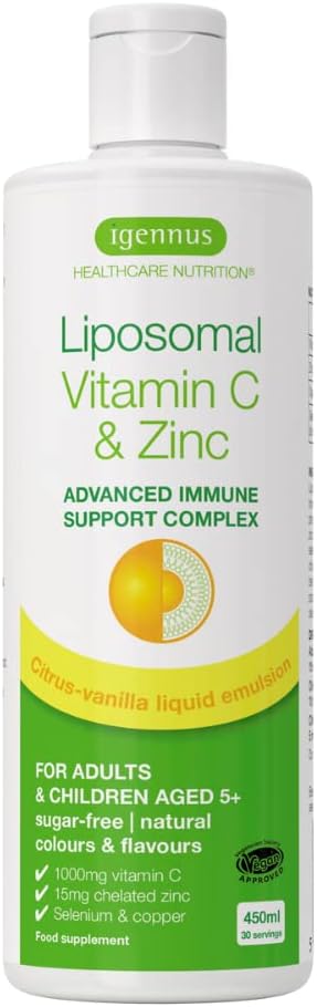 Vitamina C Liposomal Complex de 1000 mg con Zinc, cobre y selenio, complejo líquido de apoyo inmunológico para adultos y niños, sabor cítrico y vainilla, 30 porciones