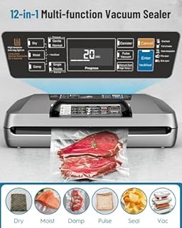 Machine Sous Vide Alimentaire Professionnelle 95 kPa, 12 en 1 Sous Videuse Alimentaire avec Rangement pour Sacs, Coupe-sac Intégré, 1 Rouleaux de sac et 10 Sacs Prédécoupés