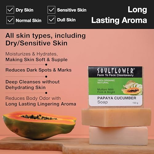 Image of Soulflower Handmade Papaya Cucumber Soap - Pure, Natural, Coldprocessed Grade 1 BIS Standard Luxury soap with Essential oils,Exotic herbs & Aroma 150g - Pack of 2 | Clinically Tested |