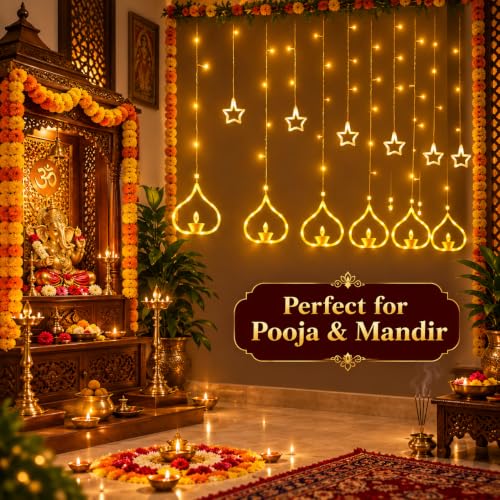 Image of Gesto 12 Diya Curtain Lights - 108 LED Warm White Fairy Lights with 8 Flashing Modes | Plug in Deep Style Diya Lights for Home,Balcony, Mandir,Pooja Room,Diwali Decoration & Festival Decor (11 Ft)