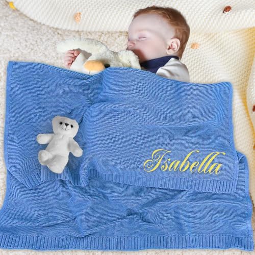 Image of ubjva Personalized Baby Blanket Custom Baby Blanket with Name Customized Embroidered Knitted Blanket Gifts for Newborn Toddler Girl Boy