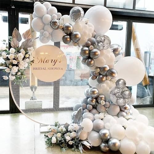 Image of White and Silver Balloon Arch Kit, 140Pcs White Metallic Silver and Silver Confetti Party Balloon Garland Kit for Birthday, Wedding, Engagements, Baby Shower, Anniversary Party Decorations