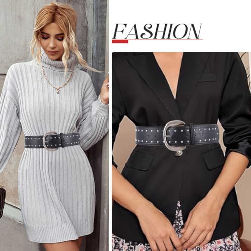 Yalice Women's Thick Leather Belts Wide Western Cowgirls Belt for Jeans Dresses Rivet Chunky Belts with Metal Buckle4