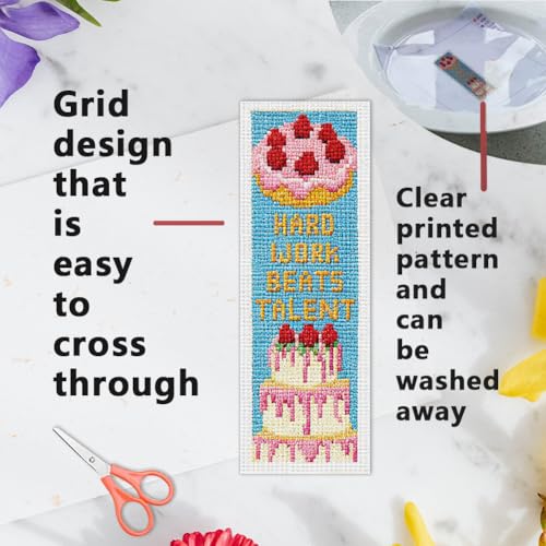 Image of INFUNLY 6PCS Fruit Cake Cross Stitch Bookmark Kit for Adult 3x8.5inch DIY Inspirational Word Embroidery Bookmark Set with Instruction Birthday Cake Counted Cross Stitch Kit for Student Book Lover