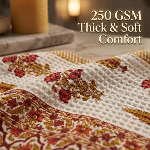 Image of Mafatlal Madhuban Elegant Cotton Waffle Towel (147x76 cm) | 250 GSM | Hand Printed, Quick Dry, Soft & Absorbent | Adobe Red