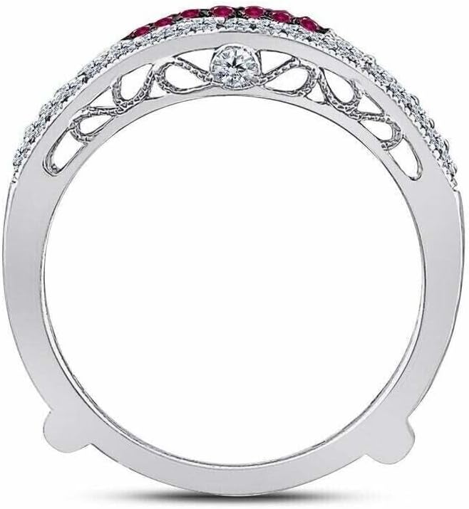 925 Sterling Silver Ring Guard Enhancer for Women, Round Cut Created Ruby & Diamond Double Wave Milgrain Wedding Band, Vintage Style Ring Jacket for Solitaire Rings, July Birthstone Jewelry Gift