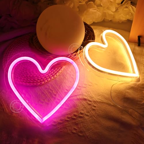 Image of SYLHOME 2 Pack Heart Led Neon Light Sign Battery Operated or USB Powered Bedroom Wedding Wall Sign Decor Christmas Birthday Gifts USB 7.87 inch X 7.28 inch Pink & Warm White