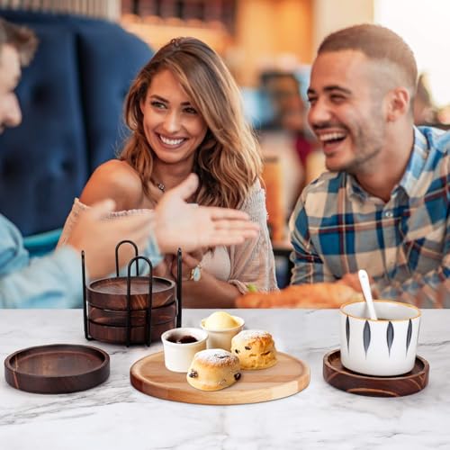 6Pcs Wooden Coasters for Drink-Acacia Wood Drink Coasters Set with Holder for Coffee Table Decor,Modern Cup Coaster for Kitchen Accessories Cute Beer Bar Decorative Rustic Outdoor Coasters