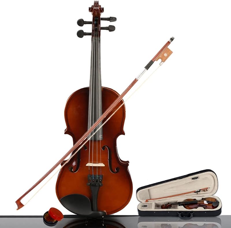 Acoustic Violin, Solid Wood Fiddle with Bow Case Rosin, Stringed Musical Instrument Violin for Beginner (1/4-Brown)