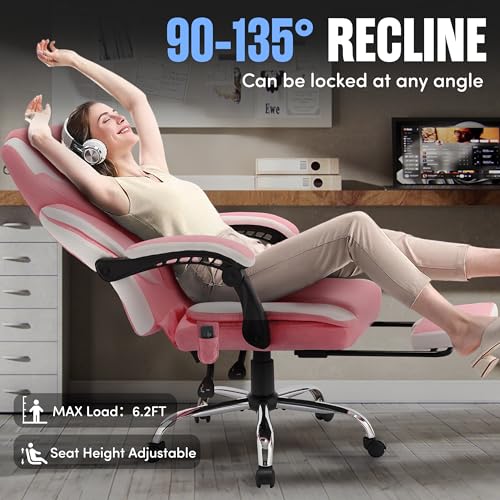 Image of Massage Office Chair with Foot Rest,6-Point Vibration & Heat Executive Office Chairs,Ergonomic Desk Chair for Heavy People,Big and Tall Fabric Office Chair 500LBS,Reclining Managerial Chair,Pinkwhite