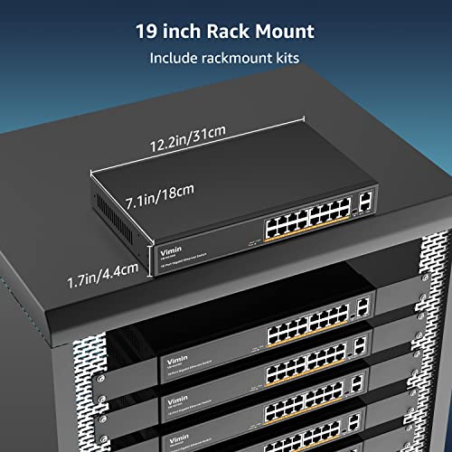 Image of VIMIN 16-Port Gigabit Ethernet Switch with 2 Uplink 1000Mbps Ports, 18-Port Unmanaged Network Switch Support IEEE802.3af /at, VLAN, Metal Housing, Desktop, 19 inch Rack-Mount, Plug and Play