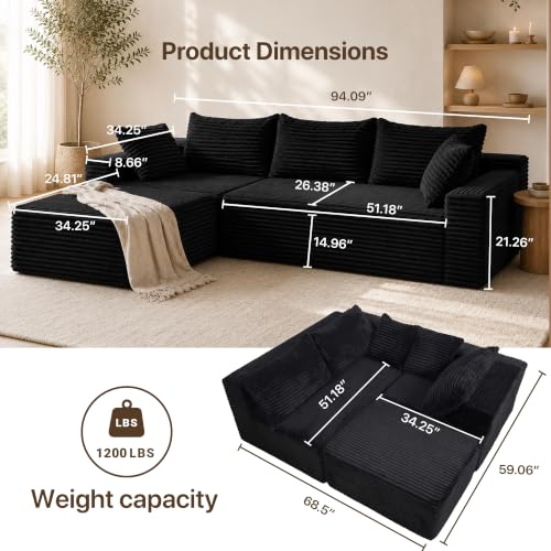 Image of Claiks 94 inch Boneless Couch, L-Shape Corduroy Sectional Sofa, Black