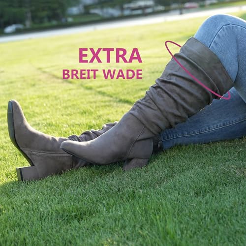 Chicblooms Damen-Stiefel mit extra weiter Wade, lässige Wildlederstiefel mit Blockabsatz, Grey Wildleder, EU 40