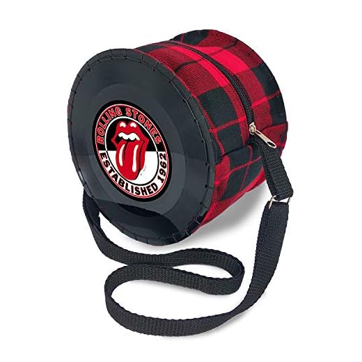 Mancha de Creación - Bolso hecho con discos de vinilo single, tela tartán y diseño Rolling Stones, bolso bandolera redondo de hombro para mujer, asa regulable, retro, vintage, casual