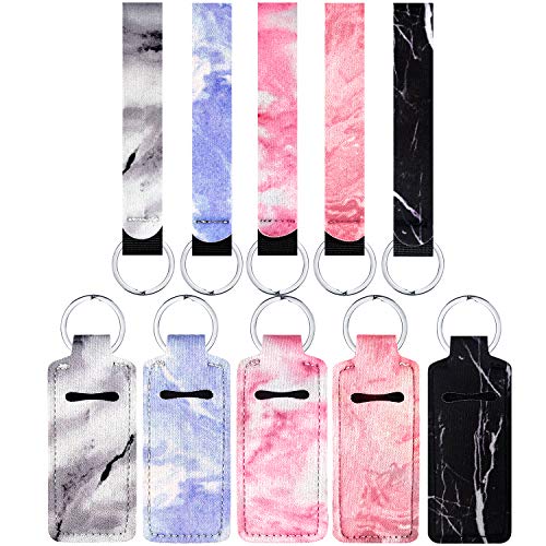 10 Pack Marble Chapstick Holder Keychain Lipstick Holder Keychains Chapstick Keyring Holder and Key Chain Lanyard Wristlet for Chapstick Tracker Safeguard (Marble)