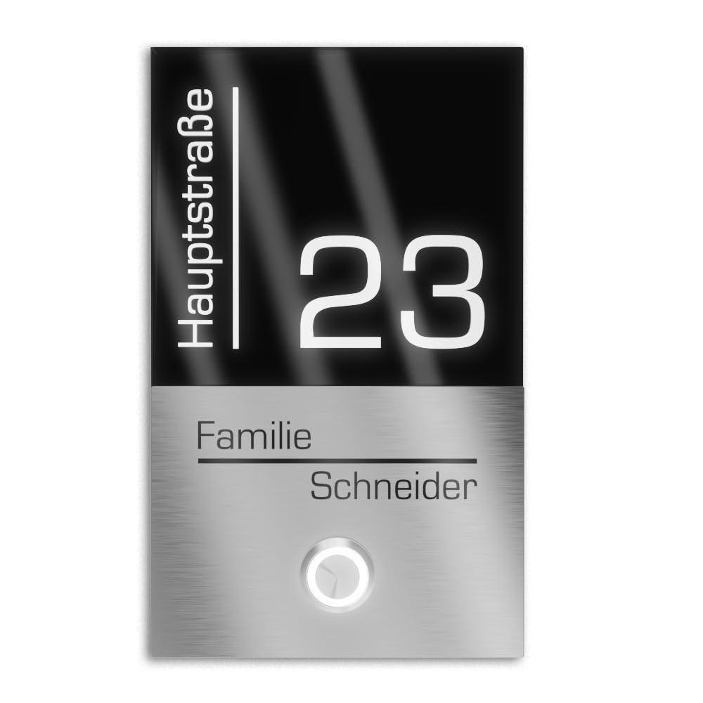V2A Edelstahl Türklingel mit Straße Hausnummer Namen Gravur - Klingelschild 110x180mm LED-Taster Klingelplatte modernes Design aus Edelstahl Acryl Schwarz