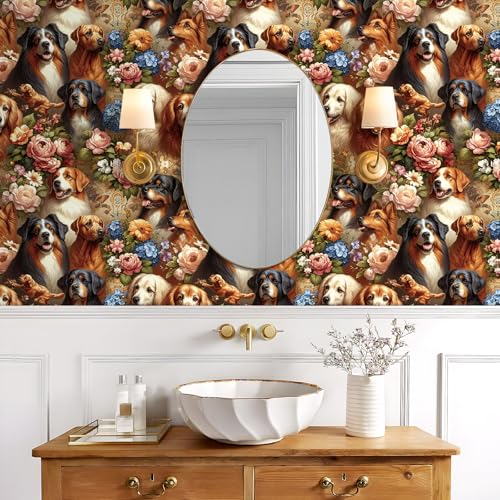 Papier peint fleurs et chiens Livelynine 44,5x200,8 cm rouleau adhesif repositionnable pour mur
