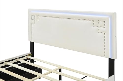 Miniatura 22 de Base de cama flotante tamaño Queen con luces LED y carga USB, marco de cama LED de plataforma tapizada moderna, no necesita somier (blanco-1)