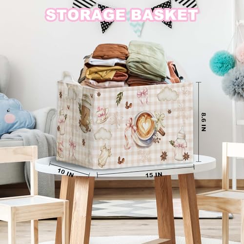 Image of A Baby Is Brewing Baby Shower Decorations,Pink Coffee Storage Baskets,Coffee Nursery Decor,Large Square Canvas Laundry Hamper With A Waterproof PE Coating, Foldable Kids Toy Clothes Bins for Bedroom