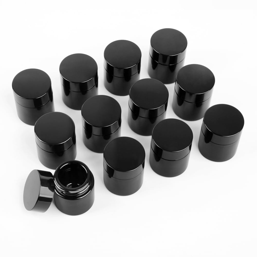 10g Thick Black UV Protection Small Glass Jars with Lids 10ml Concentrate Jars for Airtight Storage Wax Leaf Salve Cream Refillable Containers Jar (D capacity: 10ml 12PCS)
