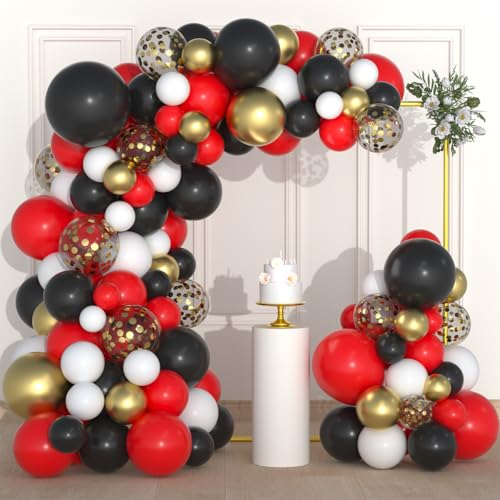 Image of Red White Gold Black Balloon Garland Arch - Red Black Balloons White Metallic Gold Balloons for Birthday Wedding Anniversary Graduation Retirement Valentines Day Party Decorations