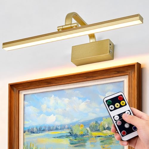 Image of RAIFOOLLY Picture Light, 16inch Cordless Picture Lights for Wall with Timer and Dimmable, Battery Operated Metal Wall Lights for Display Gallery Painting Art Frame Portrait - Gold