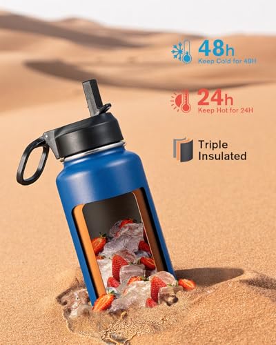 Image of Coolflask 40 oz Water Bottle Insulated with Straw & 3 Leakproof Lids