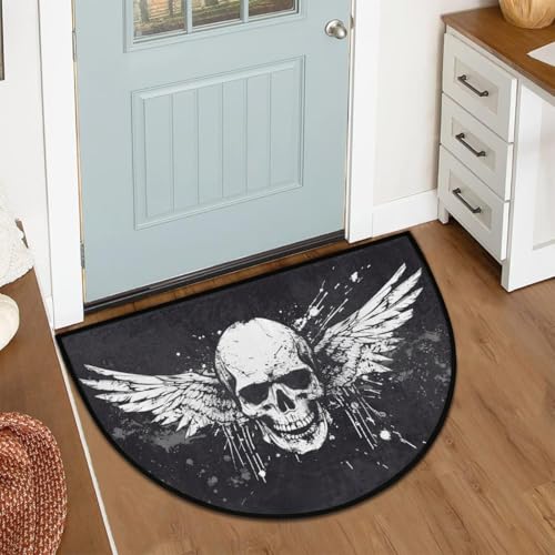 Image of cfpolar Half Round Door Mat Halloween White Skull Non-Slip Semi Circle Area Rug Washable Half Moon Hearth Rugs for Indoor Outdoor Bathroom Kitchen Patio Runner Mat Laundry Room Home Decoration