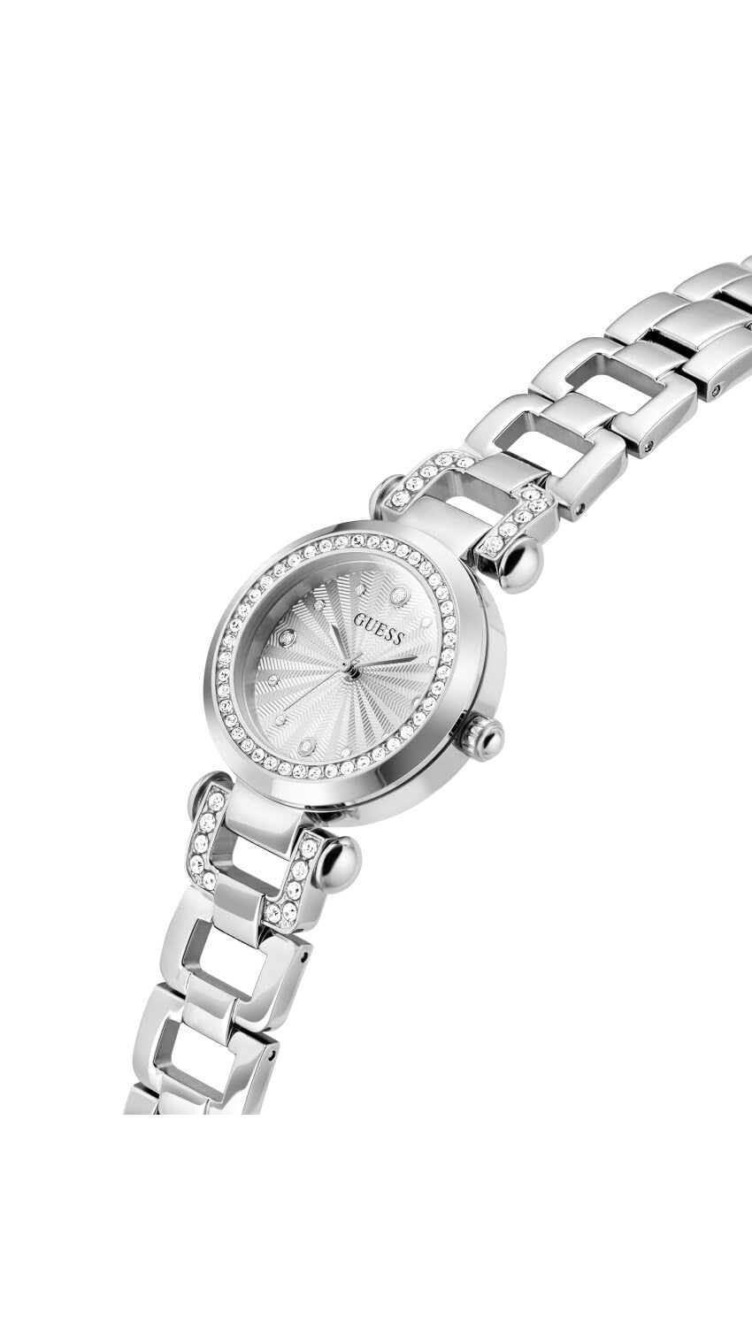 Guess GB Ginger Damen Armbanduhr, Edelstahl, 30 mm, Edelstahlarmband, Silber, 1 bar, Zifferblatt: Silber, Zirkonia, GW0869L3