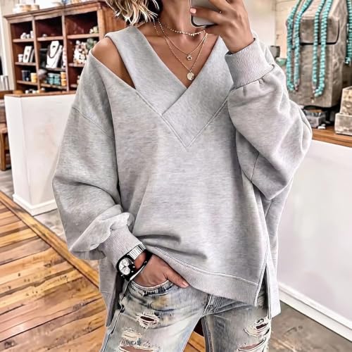 Off the Shoulder Sweatshirt Womens Y2k V Neck Tunic Holiday Sweatshirt - image 3