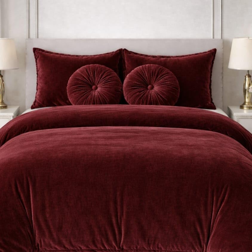 Image of Sands Luxurious 6Pc Bedding Set for Winter, 1 Double Duvet Cover,1 Double Bed bedsheet, 2 Pillow Covers, 2 Round Cushions, Ultra Soft Woollen Bedsheet Set- 90X100 inches (Maroon)