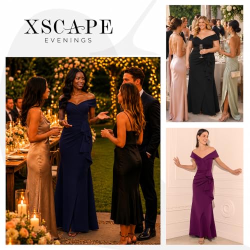 Image of Xscape Women's Long Off-the-Shoulder Sweetheart Neckline Formal Evening Gown with Ruching and Draped Ruffle Detail