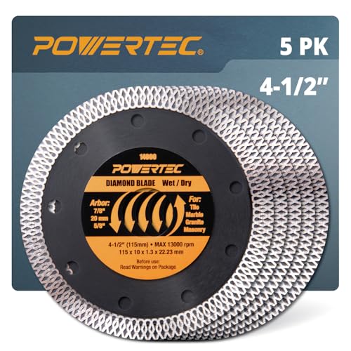 Image of POWERTEC 4-1 /2 Inch Diamond Saw Blades for Angle Grinder 5 Pack, Super Thin Turbo Mesh Rim for Cutting Porcelain, Granite & Ceramic Tile, 4.5 inch Diamond Blades (14000-P5)