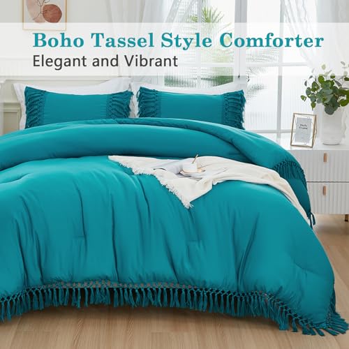 Image of Andency Turquoise Comforter Set Queen, 3 Pieces Boho Tassel Lightweight Soft Bedding Comforter Sets, All Season Fluffy Fringe Bed Set (90x90In Comforter & 2 Pillowcases)
